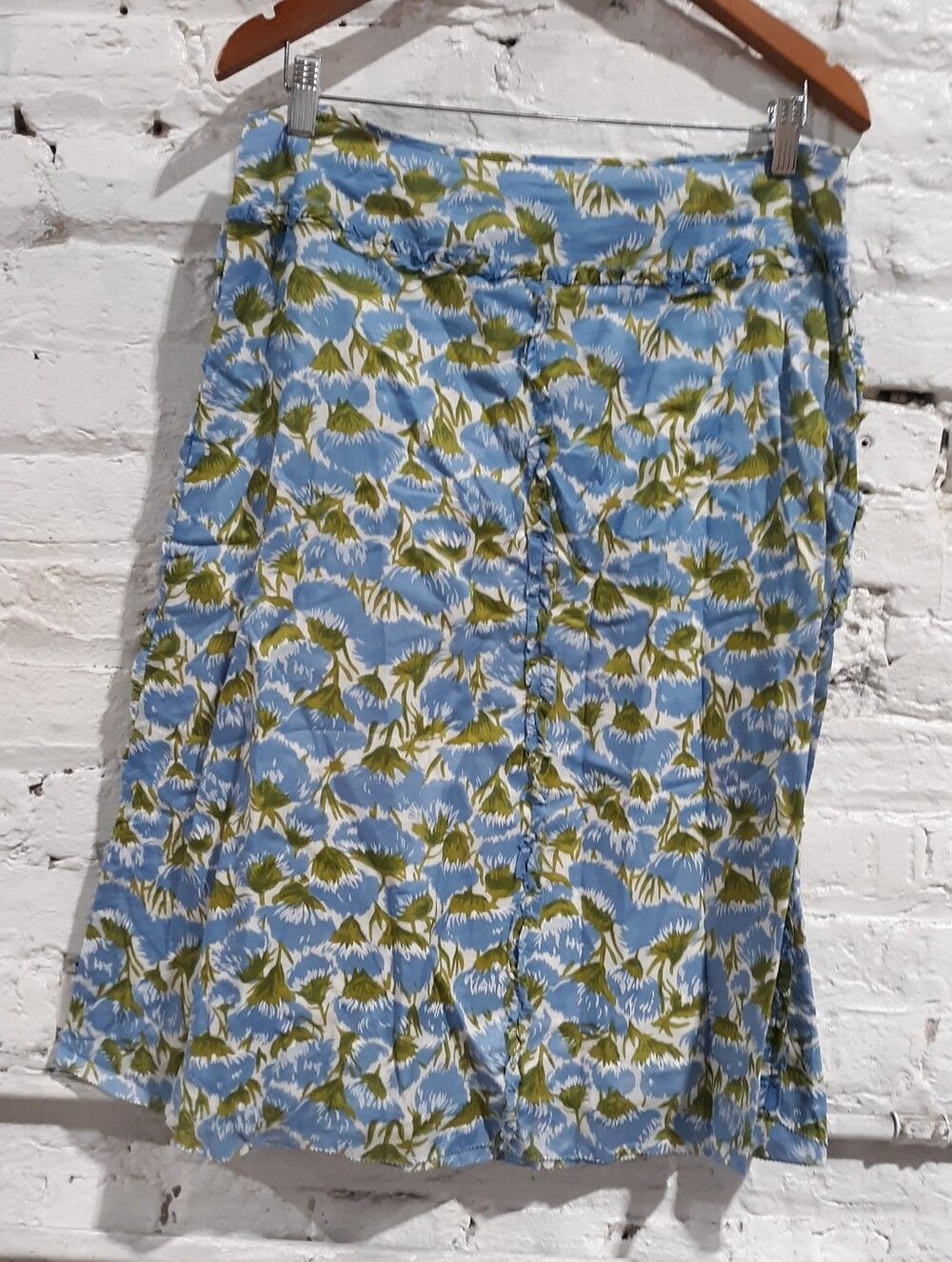 Saja Vintage Blue Green Floral Ruffle Cotton A-Line Midi Skirt Size 10